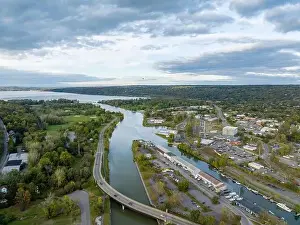 Early afternoon autumn aerial photo view of Ithaca New York