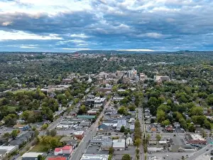 Early afternoon autumn aerial photo view of Ithaca New York