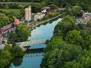 Early evening aerial photo of Schoen Place and the Erie Canal in the Village of Pittsford, New York