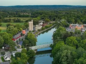 Pittsford Prints: Early evening aerial photo of Schoen Place and the Erie Canal in the Village of Pittsford