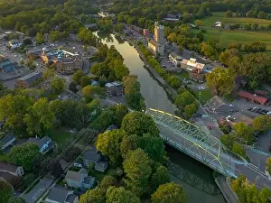 Pittsford Prints: Early evening aerial photo of Schoen Place and the Erie Canal in the Village of Pittsford
