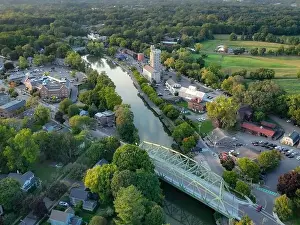 Early evening aerial photo of Schoen Place and the Erie Canal in the Village of Pittsford, New York