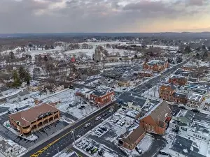 Sky Landscape Prints: Early evening winter aerial photo of the four corners in the Village of Pittsford