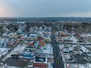 Sky Landscape Prints: Early evening winter aerial photo of the four corners in the Village of Pittsford
