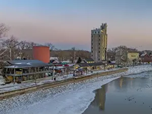 Sky Landscape Prints: Early evening winter aerial photo of Schoen Place and the Erie Canal in the Village of Pittsford