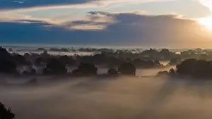 Early morning mist or fog creeping across the fields and woods near Emsworth in Hampshire