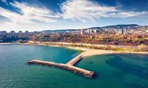 Early spring in Varna. Aerial morning view of Varna port