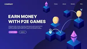 Earn Prints: Earn Money with Play to Earn Games. Landing Web Page Template. Vector illustration