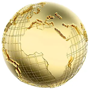 Reflective Prints: Earth in solid gold (Africa/ Europe) isolated (3d mesh derived from NASA map - http://visibleearth)