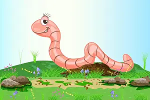 Screw Prints: Earthworm in meadow. Cute cartoon caterpillar character in summer field with flowers