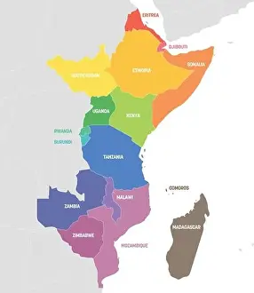 Rwanda Prints: East Africa Region. Colorful map of countries in eastern Africa. Vector illustration
