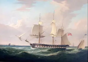 Merchant Ship Prints: The *East Indiaman Kent* was a British merchant ship captured in this 19th-century painting as it sails off Deal