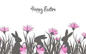 Rabbit Prints: Easter card template with rabbits silhouettes and flowers. Vector illustration
