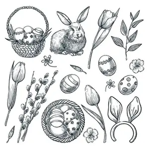 Spring Holiday Prints: Easter eggs, basket, rabbit, willow and tulips flowers