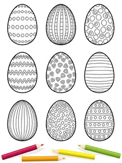 Pencils Prints: Easter eggs coloring page - nine eggs with different patterns to be colored - isolated illustration on white background