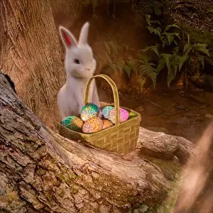 Easter Eggs Prints: Easter magic bunny rabbit with eggs in an enchanted magical forest as a spring holiday symbol - 3d rendering