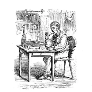 Vintage Engraving Prints: Eating Swiss cheese in the kitchen, engraving from XIX century