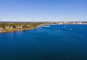 Art Building Prints: Edgewood Beach aerial view from Providence River near river mouth to Narragansett Bay