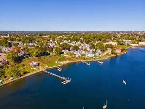 Art Building Prints: Edgewood Beach aerial view from Providence River near river mouth to Narragansett Bay