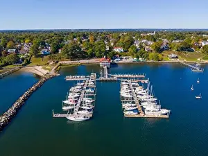 Cape Coast Prints: Edgewood Yacht Club aerial view from Providence River near river mouth to Narragansett Bay in city of Cranston