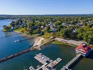 Cape Coast Prints: Edgewood Yacht Club aerial view from Providence River near river mouth to Narragansett Bay in city of Cranston