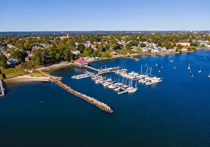 Cape Coast Prints: Edgewood Yacht Club aerial view from Providence River near river mouth to Narragansett Bay in city of Cranston