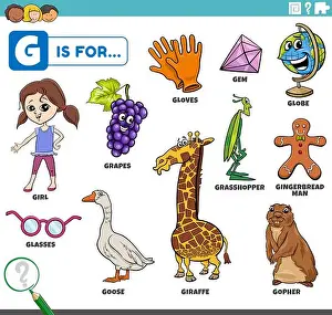 Gingerbread Prints: educational cartoon illustration for children with comic characters and objects set for letter G