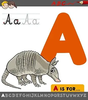Primer Prints: Educational Cartoon Illustration of Letter A from Alphabet with Armadillo Animal Character for Children