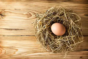 Easter Egg Prints: Egg in hay nest on wooden table background. Top view