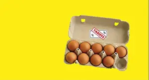 Lack Prints: Egg shortage, Tariff label, An open egg tray with sticker