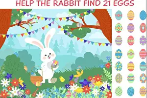 Labyrinth Prints: Eggs hunt. Easter puzzle game location with bunny and egg in garden or forest