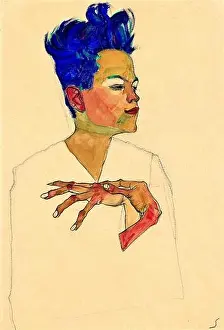 Historic Image Prints: Egon Schiele - Self Portrait with Hands on Chest - The artist with electric blue hair