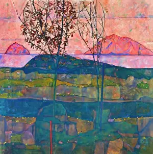Renaissance Painting Prints: Egon Schiele Setting Sun Versinkende Sonne 1913 Austrian Expressionism Oil Painting Sunset Landscape