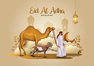 Camel Prints: eid al adha mubarak Arabic man with a camel and goat. creative vector illustration design