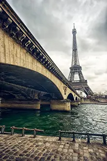 Destination Architecture Prints: Eiffel tower and the bridge on a cloudy day