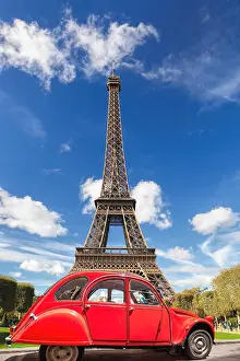 Seine Prints: Eiffel Tower with red old car in Paris, France