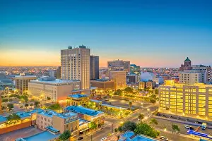 El Paso, Texas, USA downtown city skyline at dusk with Juarez, Mexico in the distance