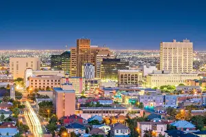 El Paso, Texas, USA downtown city skyline at dusk with Juarez, Mexico in the distance
