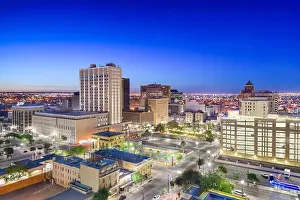 El Paso, Texas, USA downtown city skyline at dusk with Juarez, Mexico in the distance