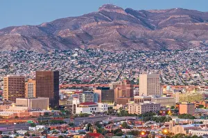 El Paso, Texas, USA downtown city skyline at dusk with Juarez, Mexico in the distance
