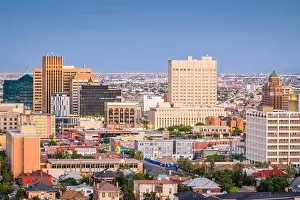 El Paso, Texas, USA downtown city skyline at dusk with Juarez, Mexico in the distance