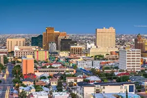 El Paso, Texas, USA downtown city skyline at dusk with Juarez, Mexico in the distance