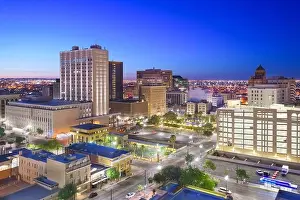 El Paso, Texas, USA downtown city skyline at dusk with Juarez, Mexico in the distance