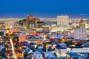 El Paso, Texas, USA downtown city skyline at dusk with Juarez, Mexico in the distance