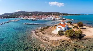 Mediterranean Sea Prints: Elafonisos island harbor buildings and Agios Spyridon church