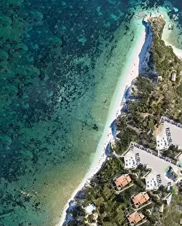 Seaside Landscape Prints: Elba Island, Italy. Amazing downward aerial view from drone of Capo Bianco and Padulella Beach near Portoferraio