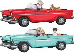 Senior Couple Prints: Elderly couples in vintage convertibles with dogs