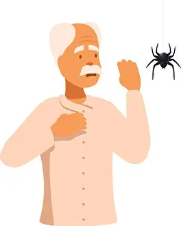 Disgust Prints: Elderly man is feeling disgusted as he notices a spider hanging from the ceiling