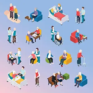 Residents Prints: Elderly people nursing home residents isometric icons set with medical care physical activities assistance leisure