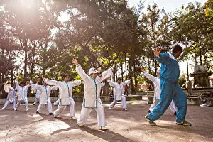 Oaxaca Prints: Elderly women practice Tai Chi for exercise in Conzatti Park Oaxaca, Mexico